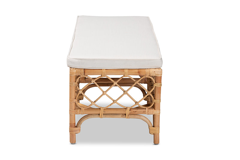 Jacinda Modern Bohemian White Fabric Upholstered and Natural Brown Rattan Bench