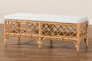 Jacinda White Fabric Upholstered and Natural Brown Rattan Bench Baxton