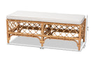Jacinda White Fabric Upholstered and Natural Brown Rattan Bench Baxton
