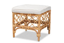 Jacinda White Fabric Upholstered and Natural Brown Rattan Ottoman Baxton