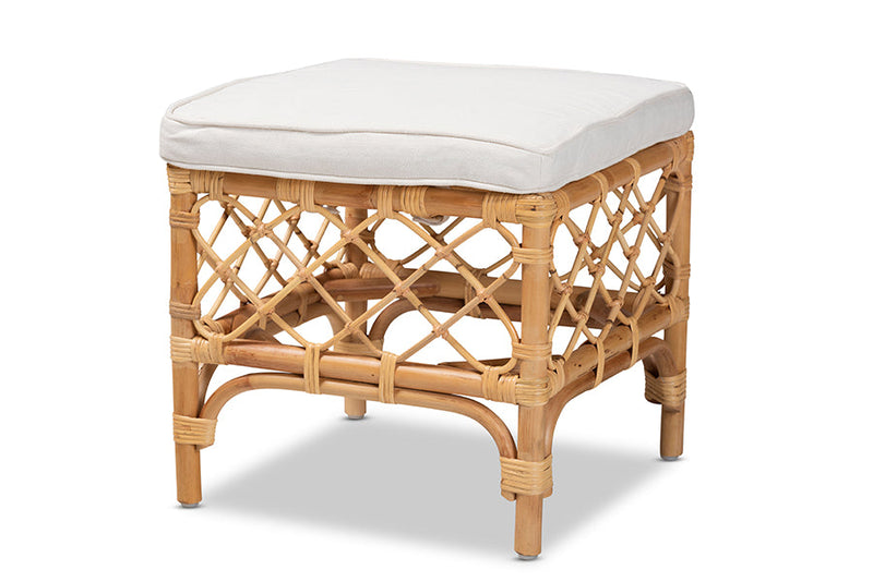 Jacinda White Fabric Upholstered and Natural Brown Rattan Ottoman Baxton