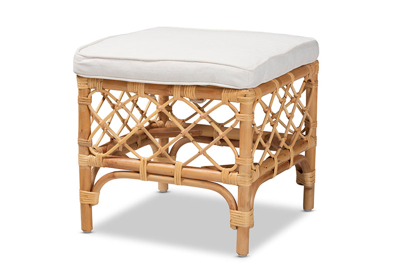 Jacinda Modern Bohemian White Fabric Upholstered and Natural Brown Rattan Ottoman