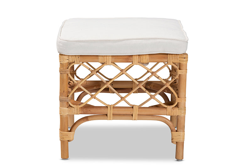 Jacinda Modern Bohemian White Fabric Upholstered and Natural Brown Rattan Ottoman