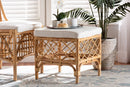 Jacinda White Fabric Upholstered and Natural Brown Rattan Ottoman Baxton