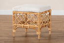 Jacinda White Fabric Upholstered and Natural Brown Rattan Ottoman Baxton