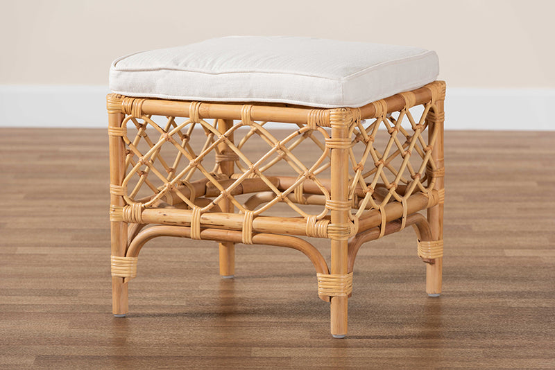 Jacinda Modern Bohemian White Fabric Upholstered and Natural Brown Rattan Ottoman