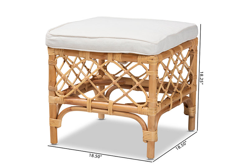 Jacinda Modern Bohemian White Fabric Upholstered and Natural Brown Rattan Ottoman