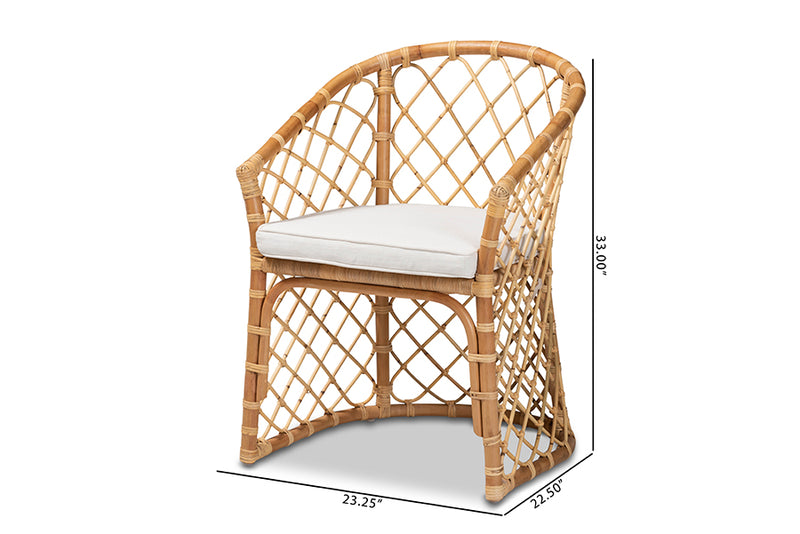 Jacinda Modern Bohemian White Fabric Upholstered and Natural Brown Rattan Dining Chair