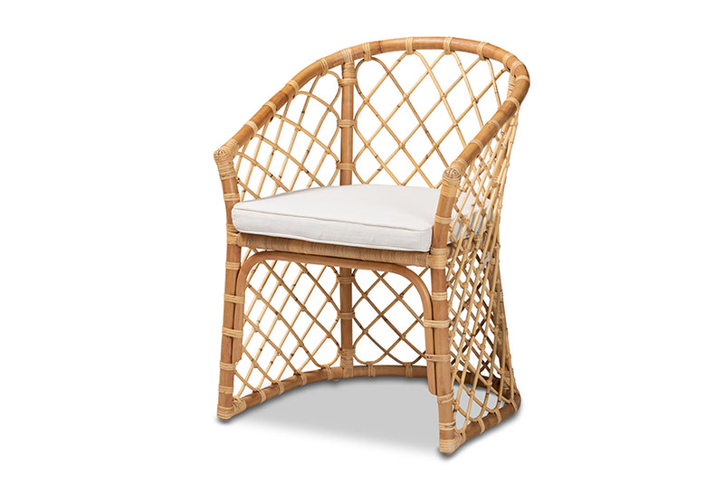 Jacinda Modern Bohemian White Fabric Upholstered and Natural Brown Rattan Dining Chair