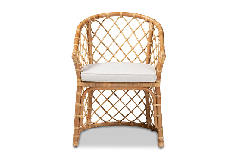 Jacinda Modern Bohemian White Fabric Upholstered and Natural Brown Rattan Dining Chair