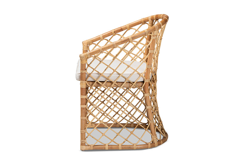 Jacinda Modern Bohemian White Fabric Upholstered and Natural Brown Rattan Dining Chair