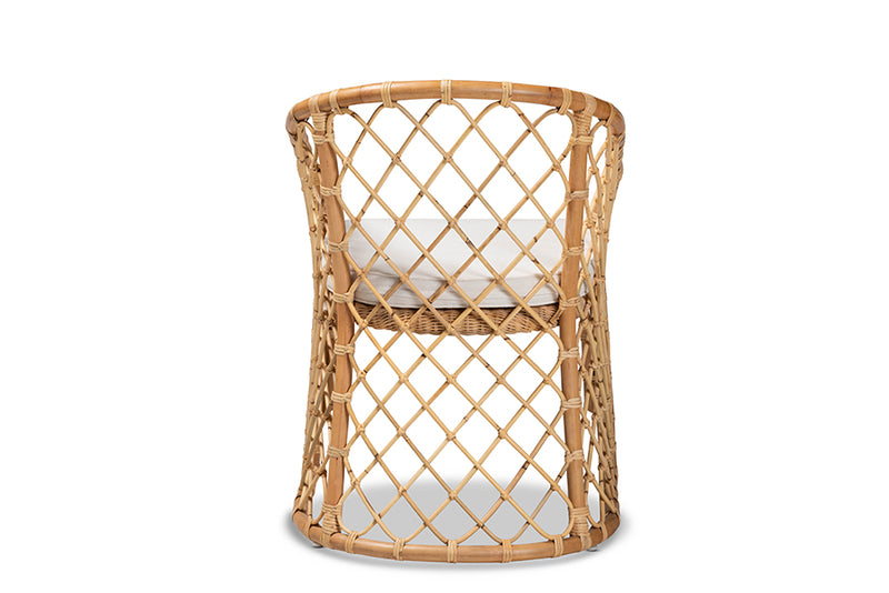 Jacinda Modern Bohemian White Fabric Upholstered and Natural Brown Rattan Dining Chair