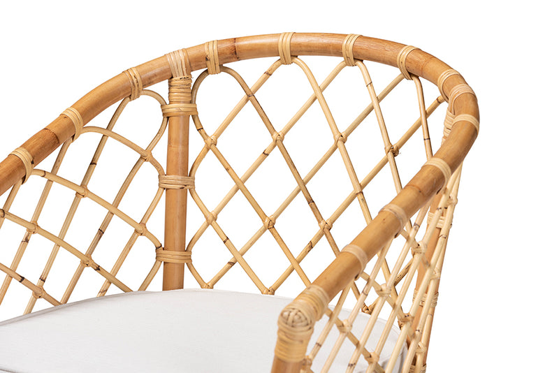 Jacinda Modern Bohemian White Fabric Upholstered and Natural Brown Rattan Dining Chair