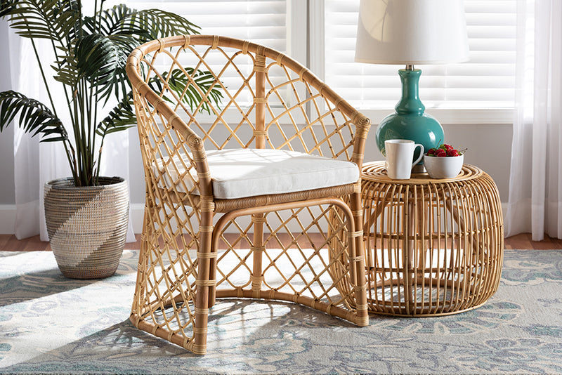 Jacinda Modern Bohemian White Fabric Upholstered and Natural Brown Rattan Dining Chair