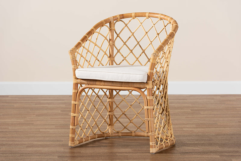 Jacinda Modern Bohemian White Fabric Upholstered and Natural Brown Rattan Dining Chair