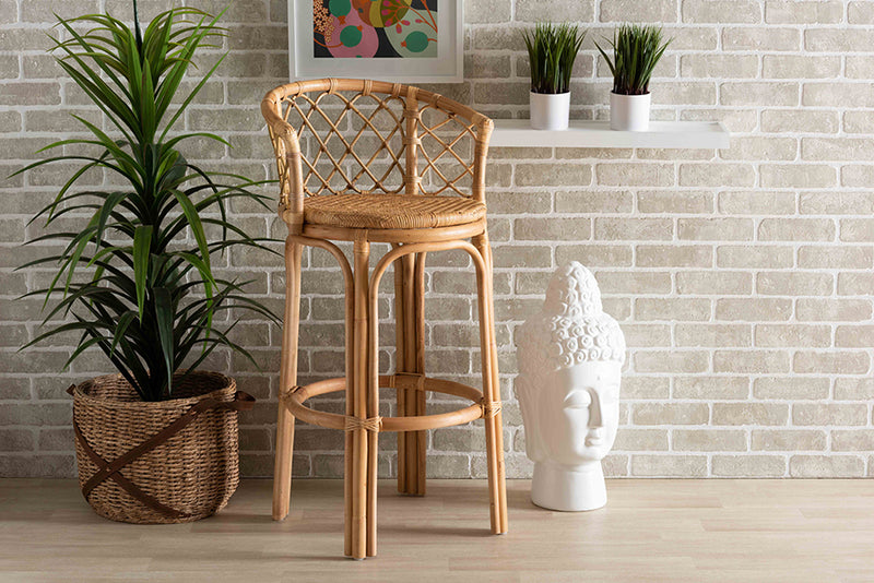 Jacinda Modern Bohemian Natural Brown Rattan Bar Stool