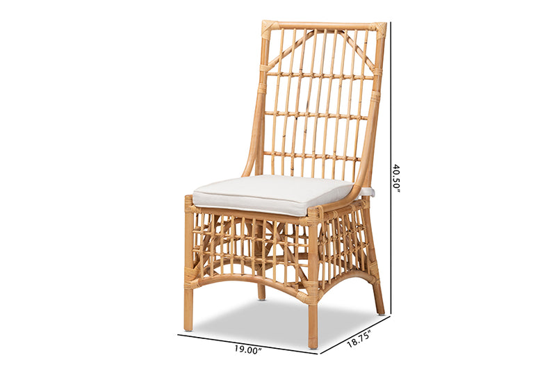 Bardot Modern Bohemian White Fabric Upholstered and Natural Brown Rattan Dining Chair