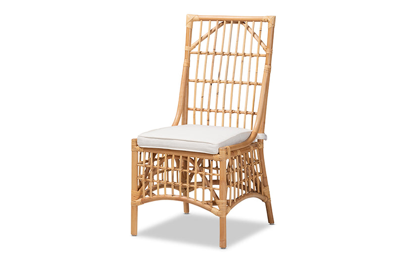 Bardot Modern Bohemian White Fabric Upholstered and Natural Brown Rattan Dining Chair