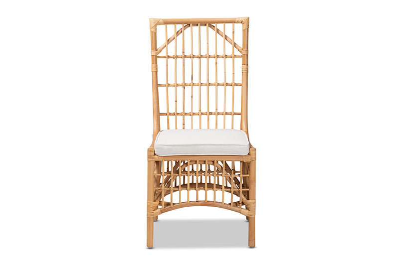 Bardot Modern Bohemian White Fabric Upholstered and Natural Brown Rattan Dining Chair