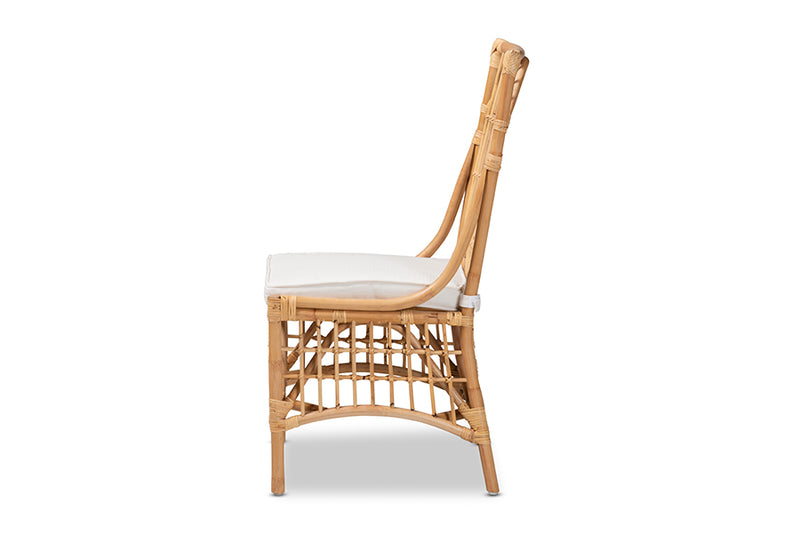 Bardot Modern Bohemian White Fabric Upholstered and Natural Brown Rattan Dining Chair