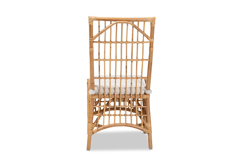 Bardot Modern Bohemian White Fabric Upholstered and Natural Brown Rattan Dining Chair