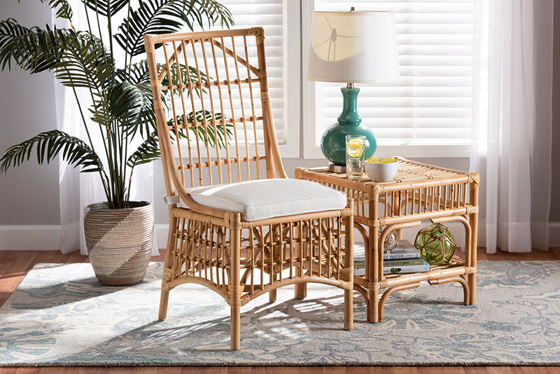 Bardot Modern Bohemian White Fabric Upholstered and Natural Brown Rattan Dining Chair