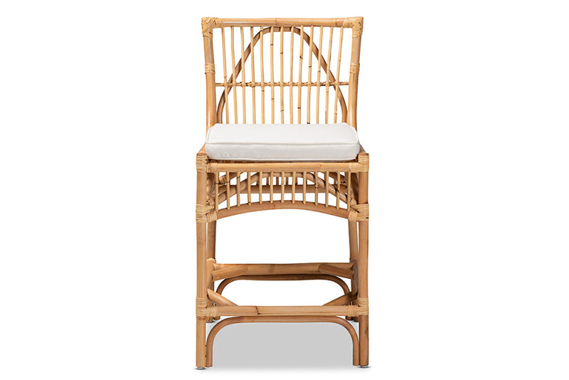 Bardot White Fabric Upholstered and Natural Brown Rattan Counter Stool Baxton
