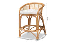 Ellingham White Fabric Upholstered and Natural Brown Rattan Counter Stool Baxton