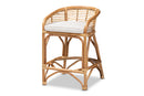 Ellingham White Fabric Upholstered and Natural Brown Rattan Counter Stool Baxton