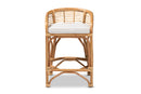 Ellingham White Fabric Upholstered and Natural Brown Rattan Counter Stool Baxton