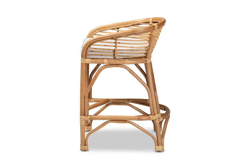 Ellingham White Fabric Upholstered and Natural Brown Rattan Counter Stool Baxton