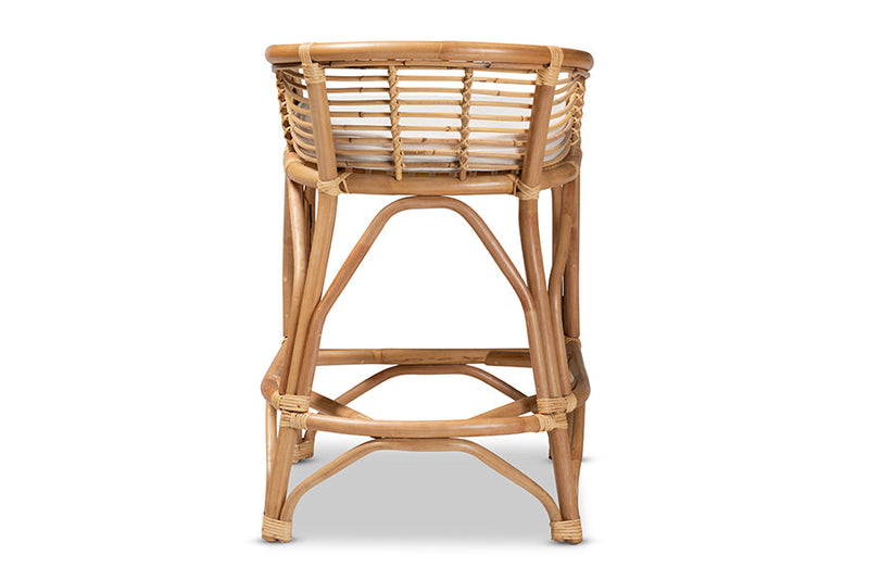 Ellingham White Fabric Upholstered and Natural Brown Rattan Counter Stool Baxton