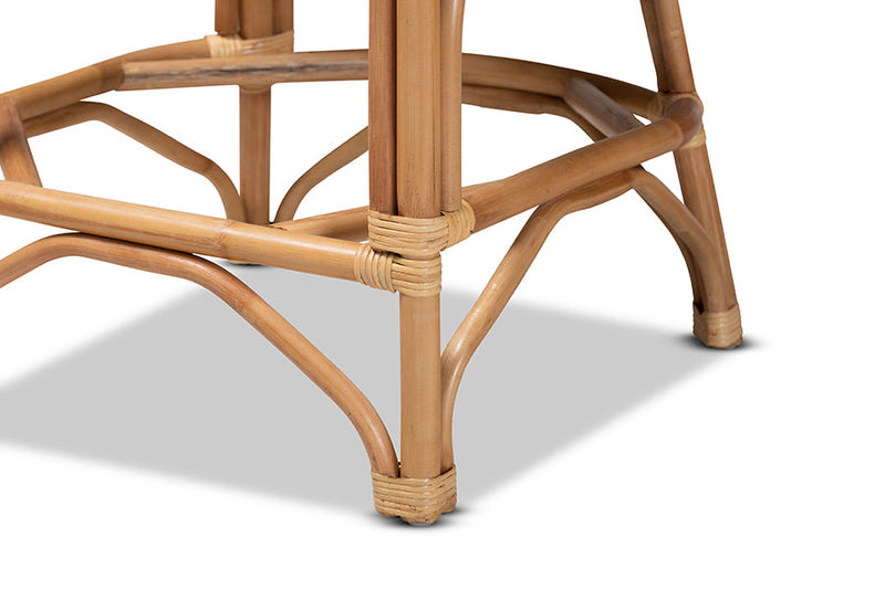 Ellingham White Fabric Upholstered and Natural Brown Rattan Counter Stool Baxton