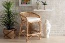 Ellingham White Fabric Upholstered and Natural Brown Rattan Counter Stool Baxton