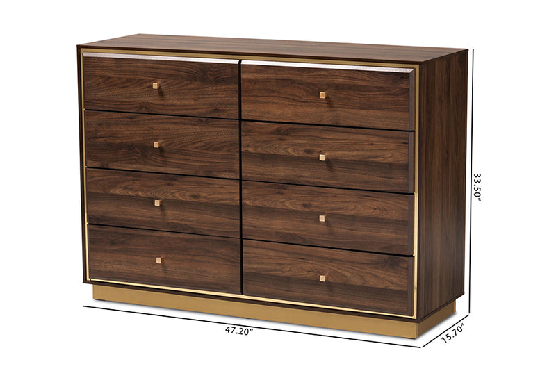 Davina Modern and Contemporary Walnut Brown Finished Wood and Gold Metal 8-Drawer Dresser