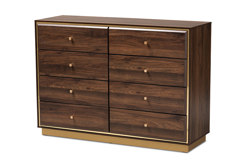 Davina Modern and Contemporary Walnut Brown Finished Wood and Gold Metal 8-Drawer Dresser