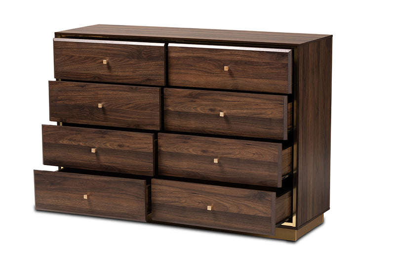 Davina Modern and Contemporary Walnut Brown Finished Wood and Gold Metal 8-Drawer Dresser