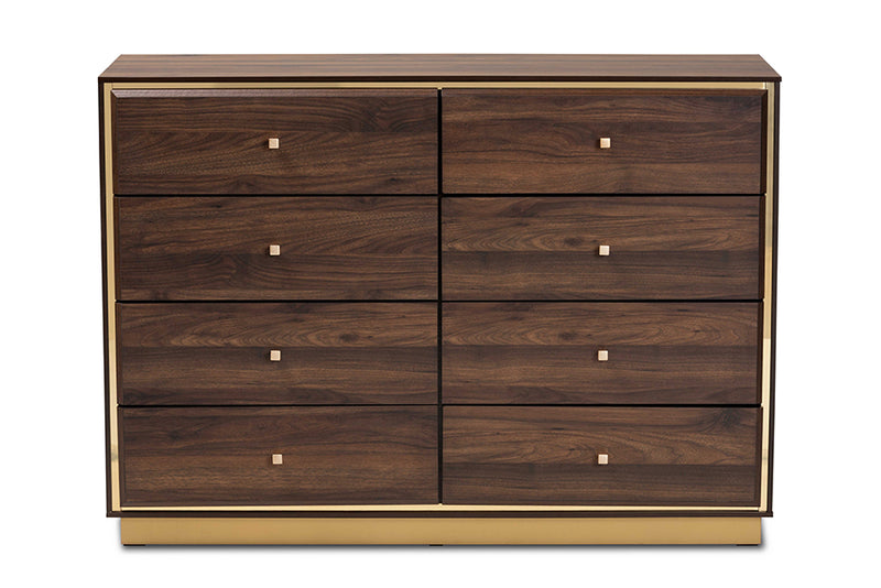 Davina Modern and Contemporary Walnut Brown Finished Wood and Gold Metal 8-Drawer Dresser