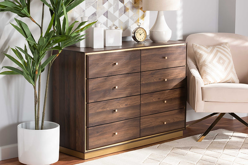 Davina Modern and Contemporary Walnut Brown Finished Wood and Gold Metal 8-Drawer Dresser