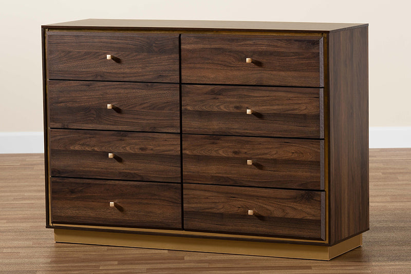 Davina Modern and Contemporary Walnut Brown Finished Wood and Gold Metal 8-Drawer Dresser