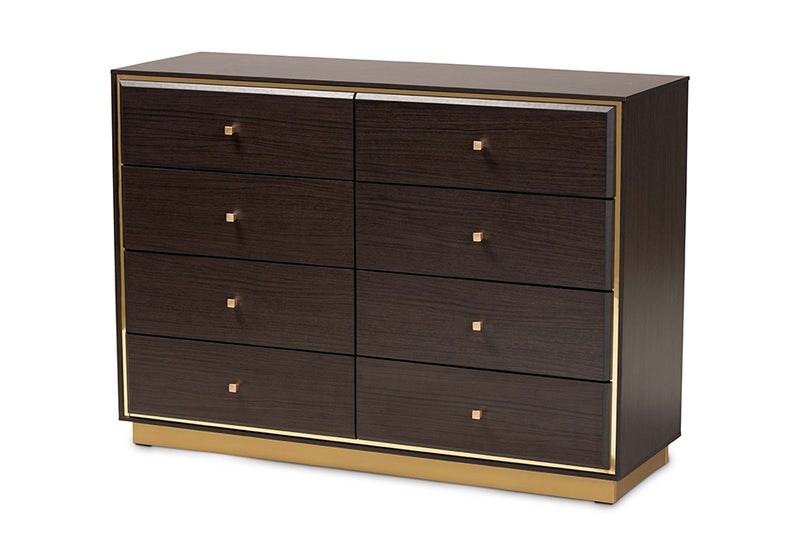 Davina Modern and Contemporary Espresso Brown Finished Wood and Gold Metal 8-Drawer Dresser