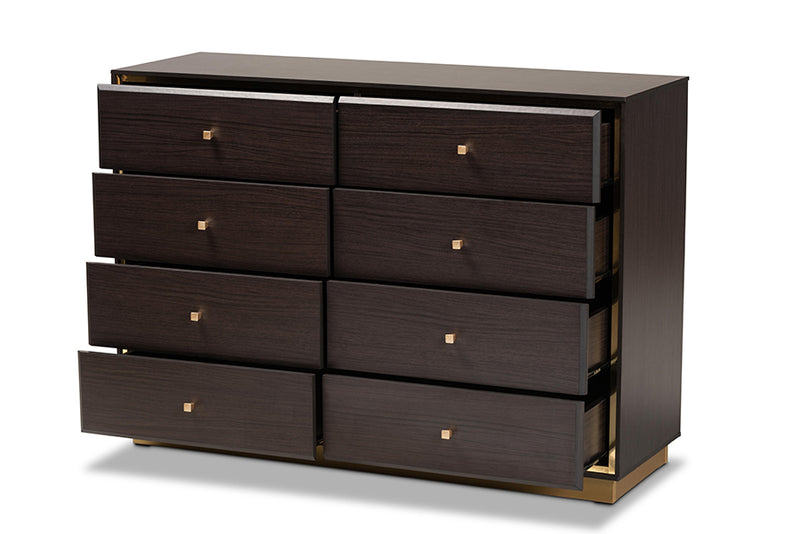 Davina Modern and Contemporary Espresso Brown Finished Wood and Gold Metal 8-Drawer Dresser