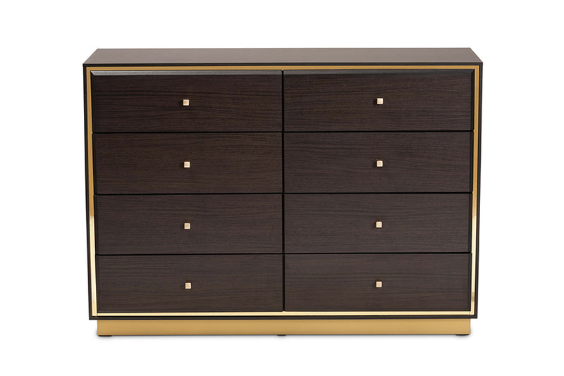 Davina Modern and Contemporary Espresso Brown Finished Wood and Gold Metal 8-Drawer Dresser