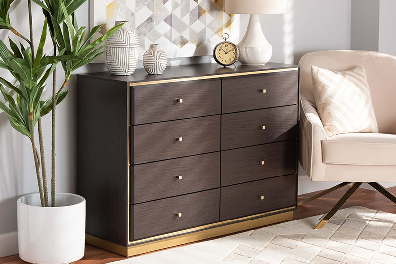 Davina Modern and Contemporary Espresso Brown Finished Wood and Gold Metal 8-Drawer Dresser