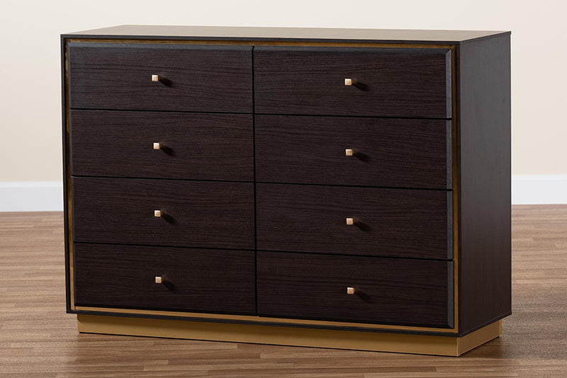 Davina Modern and Contemporary Espresso Brown Finished Wood and Gold Metal 8-Drawer Dresser