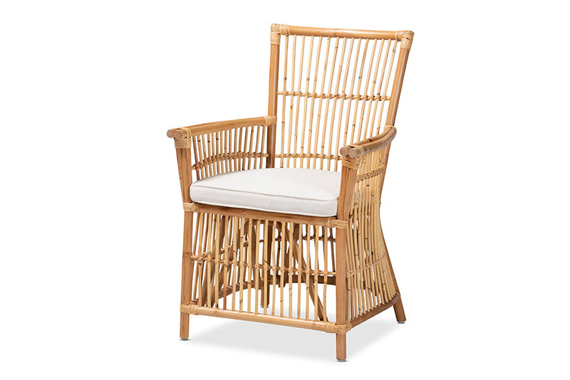 Bardot White Fabric Upholstered and Natural Brown Rattan Armchair Baxton