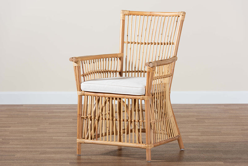 Bardot White Fabric Upholstered and Natural Brown Rattan Armchair Baxton