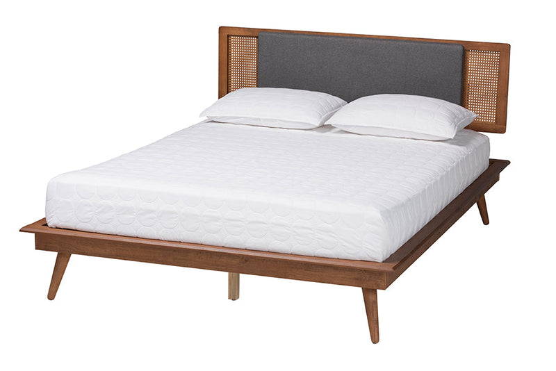 Rina Dark Gray Fabric and Walnut Brown King Size Platform Bed Baxton