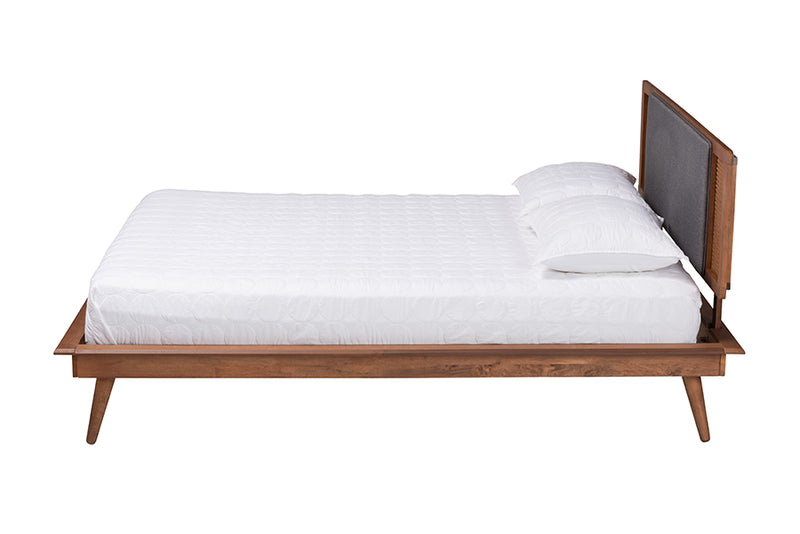 Rina Mid-Century Modern Dark Gray Fabric and Walnut Brown Finished Wood King Size Platform Bed