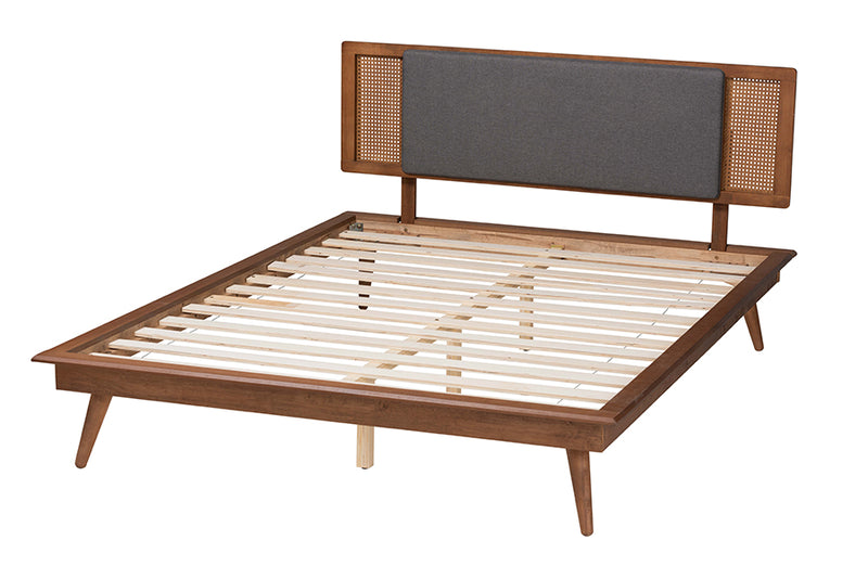 Rina Mid-Century Modern Dark Gray Fabric and Walnut Brown Finished Wood King Size Platform Bed